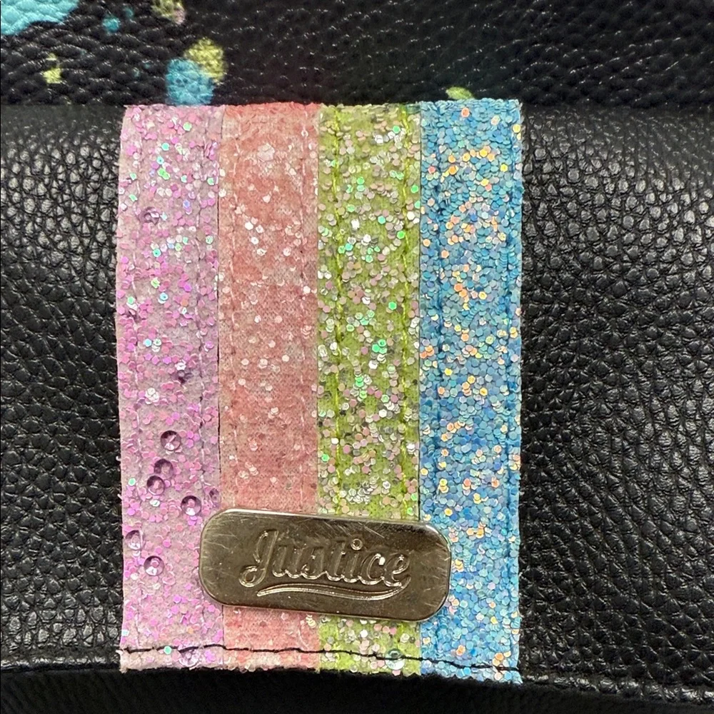 Justice Black Backpack with Multicolor Glitter Stripes
